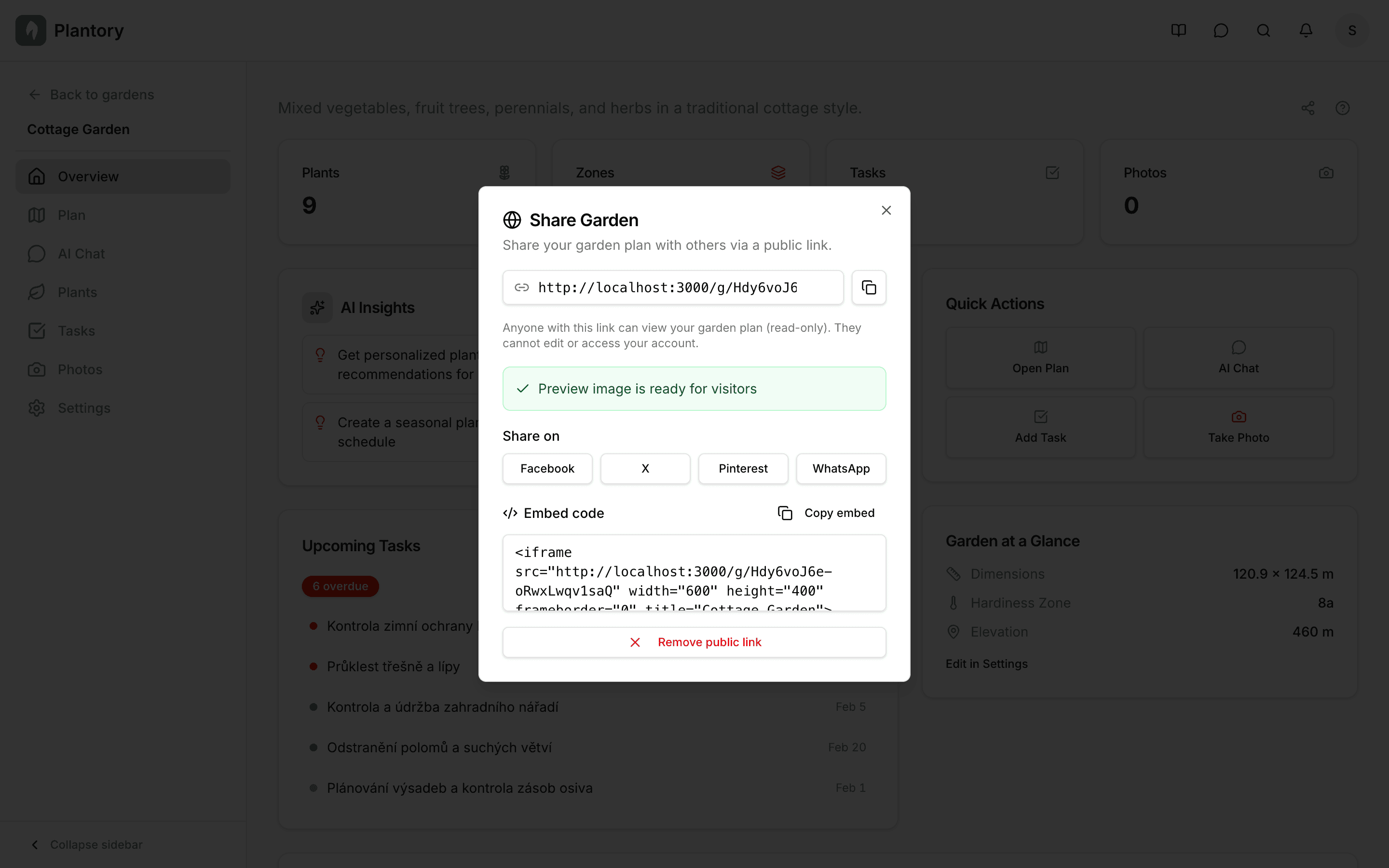 Garden sharing dialog with share link
