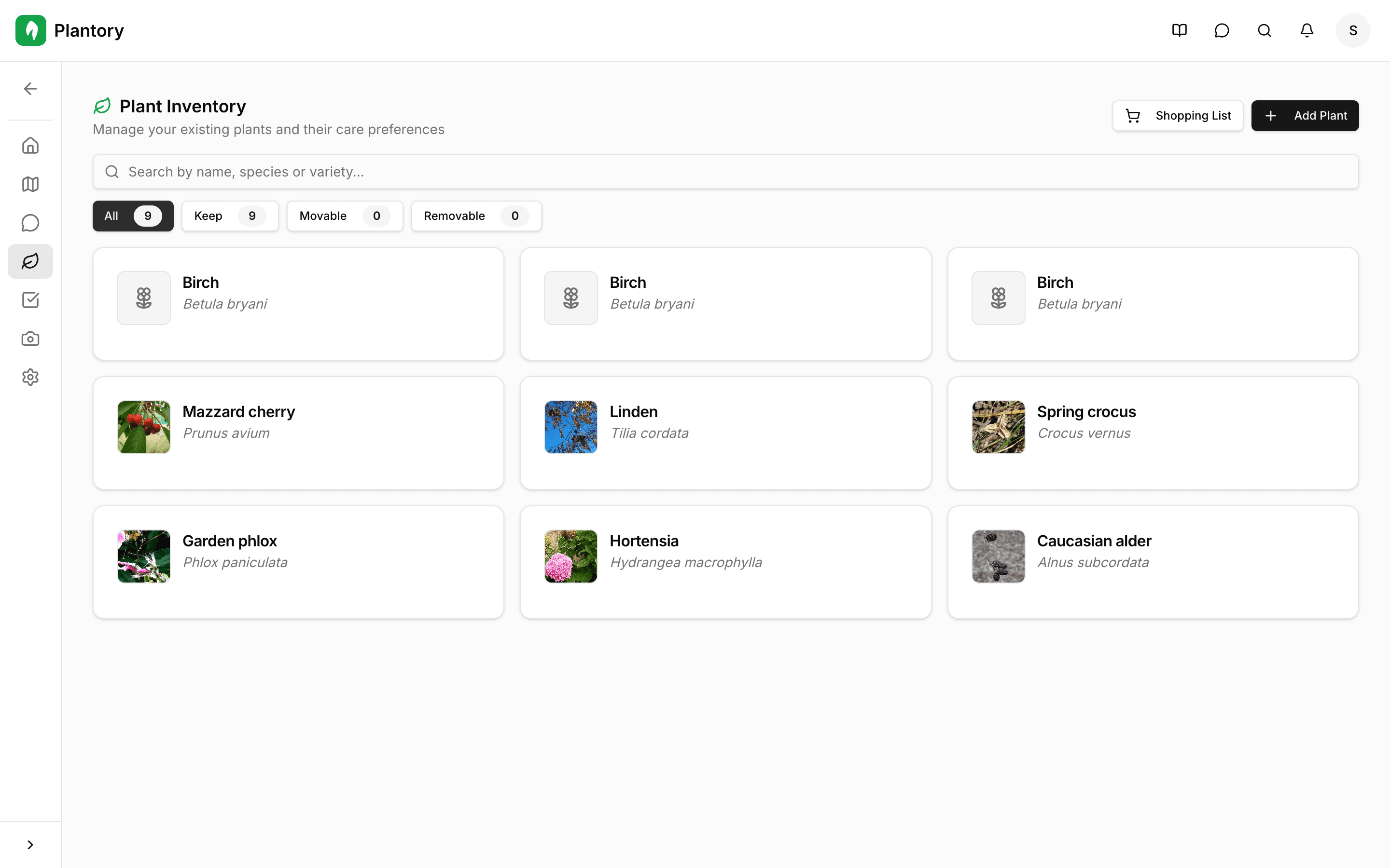 Plants page showing list of added plants